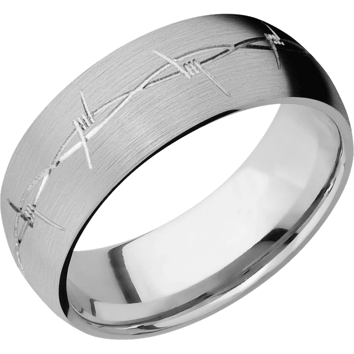 Elegant gold wedding rings for men-8mm wide Domed Titanium Ring with Satin Finish / Barb Wire Design