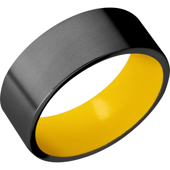 Elegant gold wedding rings for men-8mm wide Flat Black Zirconium Ring with Bead Blast Finish / Corvette Yellow Cerakote Sleeve