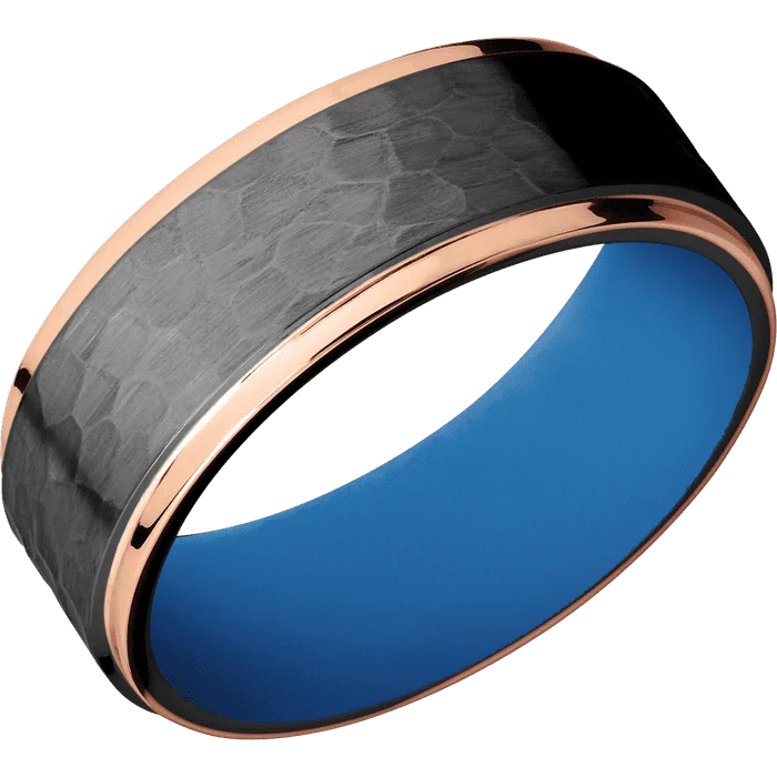 Custom promise rings with engraving-8mm wide Flat Grooved Edges Black Titanium Ring with Hammer Finish / Two 1mm Edge 14k Rose Gold Inlay with Polish Finish / Sea Blue Cerakote Sleeve