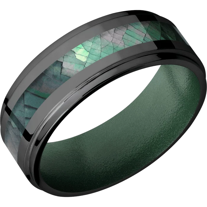 Gold wedding rings for men-8mm wide Flat Grooved Edges Black Titanium Ring with Polish Finish / One 3mm Centered Black Mother of Pearl Inlay / Eastern Green Cerakote Sleeve