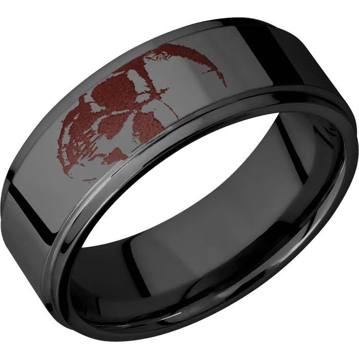 Gold rings for men with initials-8mm wide Flat Grooved Edges Black Titanium Ring with Polish Finish / Skull Design and Crimson Cerakote Accents