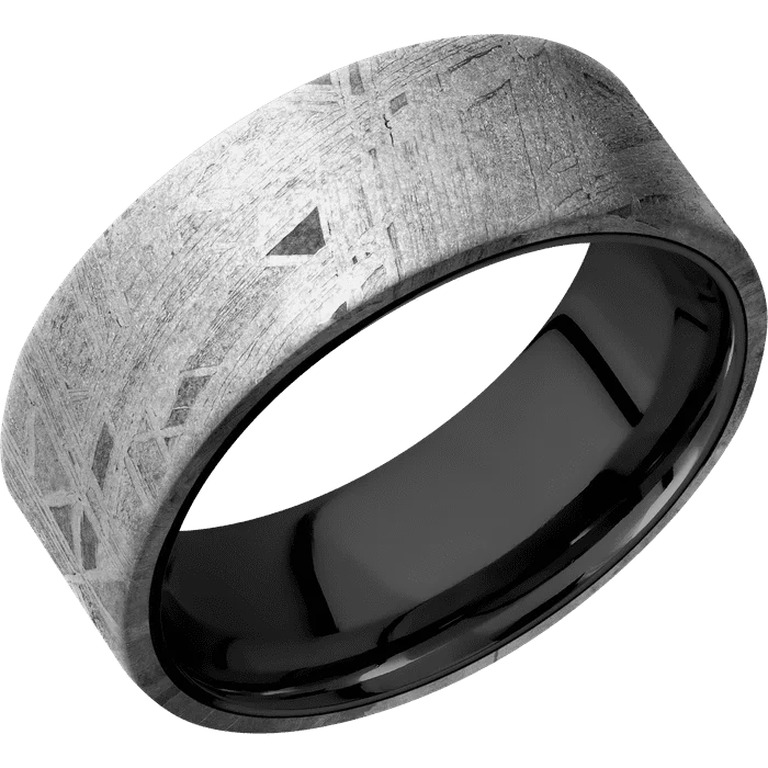 Custom gemstone rings for men-8mm wide Flat Meteorite Ring / Black Zirconium Sleeve