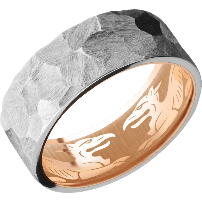 Men’s signet rings with engraving-8mm wide Flat Platinum Ring with Rock Finish / 18k Rose Gold Sleeve / Griffin Interior Pattern