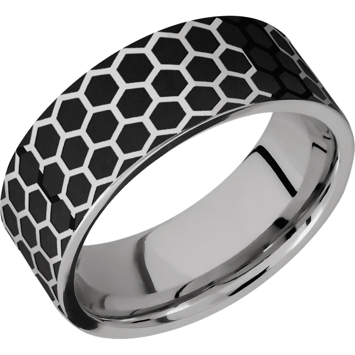 Custom gold engagement rings for women-8mm wide Flat Titanium Ring with Polish Finish / Honeycomb Design and Black Cerakote Accents