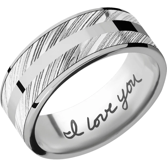 Custom diamond rings for women’s gifts-8mm wide Flat Titanium Ring with Polish Finish / One 7mm Centered Kuro Damascus Steel Inlay with Polish Kuro Damascus Finish / One 2mm Centered Palladium Silver Inlay with Polish Finish / Hand Writing Interior Pattern