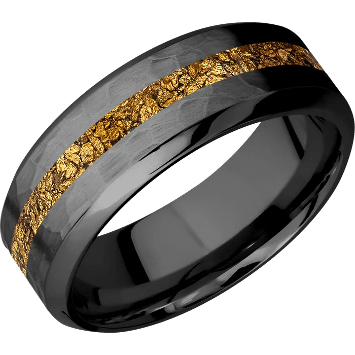 Silver promise rings for couples-8mm wide High Bevel Black Titanium Ring with Hammer Finish / One 2mm Centered 24k Raw Gold Nugget Inlay