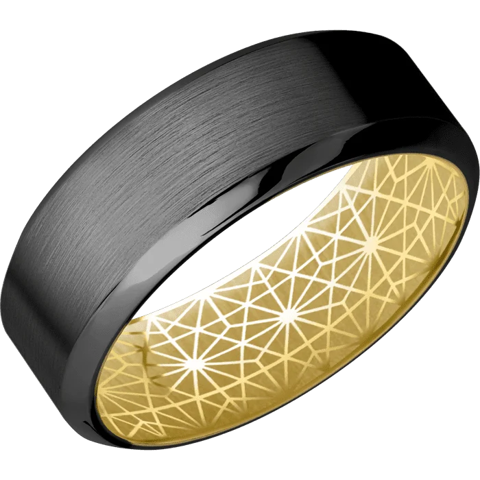 Custom engagement rings with diamonds-8mm wide High Bevel Black Zirconium Ring with Satin Finish / 14k Yellow Gold Sleeve / Celestial Interior Pattern