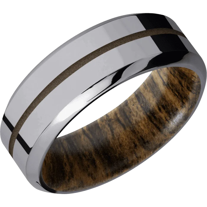 Gold rings with emerald gemstones for men-8mm wide High Bevel Tantalum Ring with Polish Finish / One 1mm Centered Burnt Bronze Cerakote Inlay / Bocote Sleeve