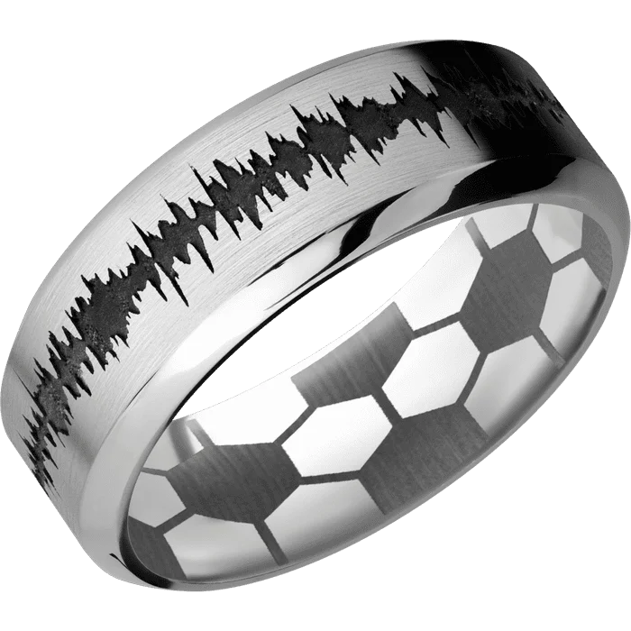 Personalized silver rings for men-8mm wide High Bevel Titanium Ring with Satin Finish / Soundwave Design / None Interior Pattern