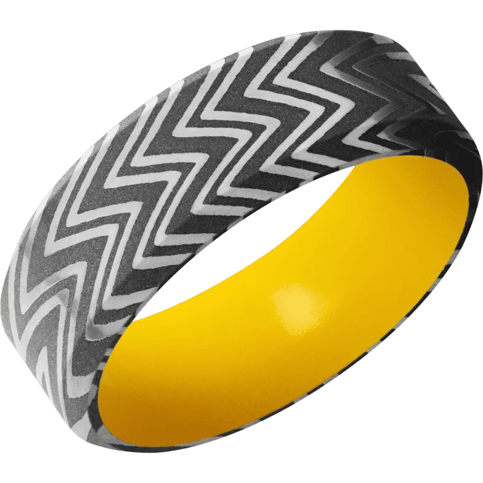 Diamond engagement rings for women-8mm wide High Bevel Zebra Damascus Steel Ring with Acid Damascus Finish / Corvette Yellow Cerakote Sleeve