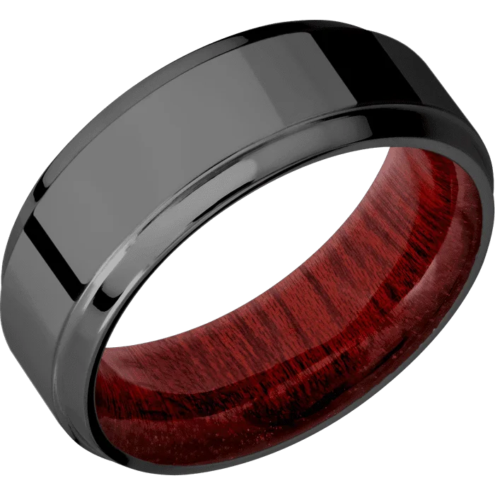 Classic silver engagement rings for women-8mm wide Stepped Bevel Black Titanium Ring with Polish Finish / Blood Wood Sleeve