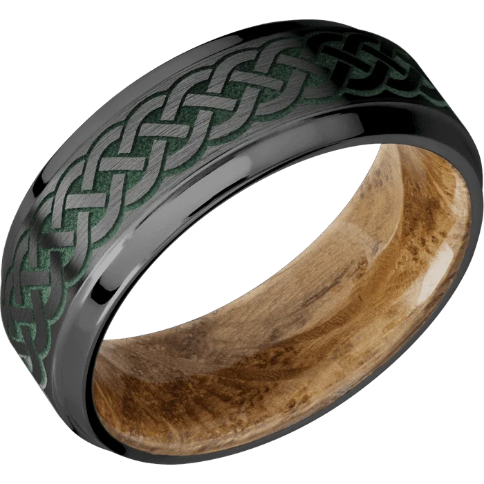 Classic diamond rings for women-8mm wide Stepped Bevel Black Titanium Ring with Satin Finish / Celtic 9 Design and Eastern Green Cerakote Accents / Whiskey Barrel Sleeve