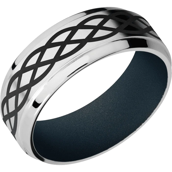 Men’s wedding bands with gemstones-8mm wide Stepped Bevel Palladium Silver Ring with Bead Blast Finish / Celtic 6 Design and Black Cerakote Accents / Northern Lights Cerakote Sleeve