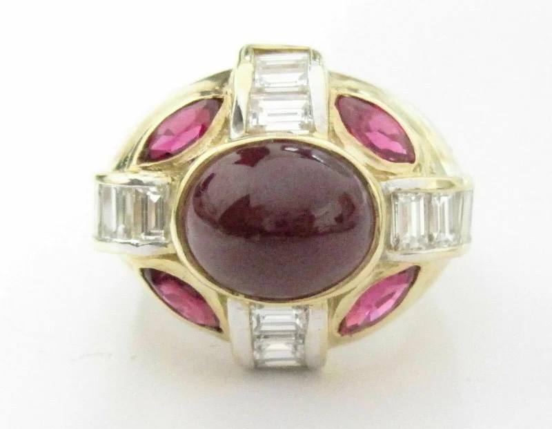 Custom silver rings for anniversary gifts-9.50 TCW Marquise, Oval and Baguette Ruby Diamond Ring Size 6.5 18k Yellow Gold