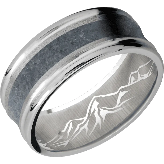 Custom rings for anniversary gifts-9mm wide Concave Center Round Edges Platinum Ring with Sand Blast Finish / One 4mm Centered Blue Sapphire Inlay / Mountain 2 Interior Pattern