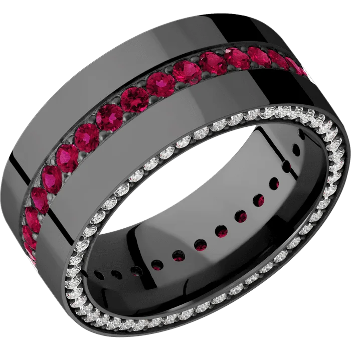 Diamond engagement rings for women-9mm wide Flat Black Titanium Ring with Polish Finish / Side Eternity Round .01 carat Lab Grown Diamond Bead-Set Gemstones / Eternity Round .03 carat Ruby Bead-Set Gemstones