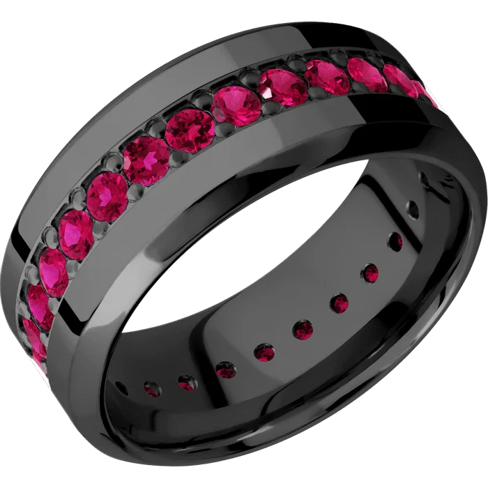 Personalized wedding rings for couples-9mm wide High Bevel Black Titanium Ring with Polish Finish / Eternity Round .05 carat Ruby Bead-Set Gemstones