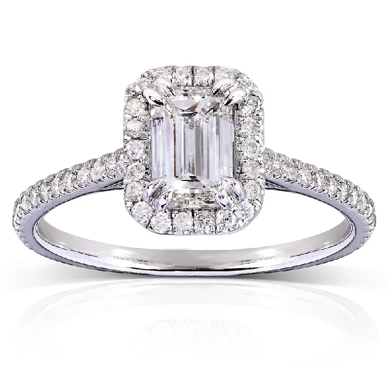 Simple gold rings for women-Annello 14k White Gold 1 1/3ct TDW Emerald-cut Diamond Halo Engagement Ring