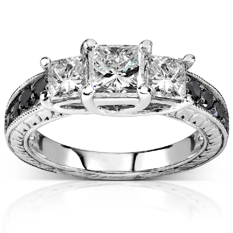 Unique men’s rings with gemstones-Annello 14k White Gold 1 3/8ct TDW Black and White 3-Stone Diamond Engagement Ring