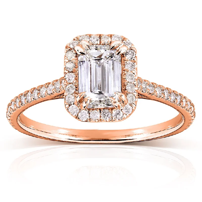 Affordable engagement rings with diamonds-Annello by Kobelli 14k Rose Gold 1 1/3ct TDW Emerald-cut Diamond Halo Engagement Ring