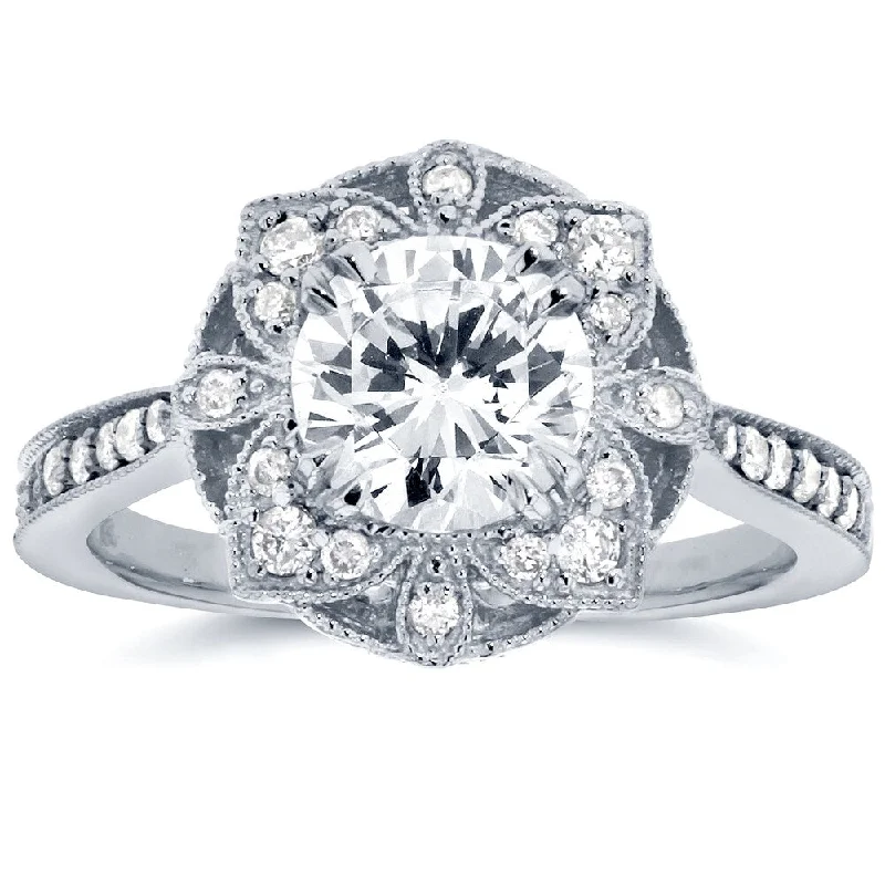 Unique engagement rings for women-Annello by Kobelli 14k White Gold 1 1/4ct TDW Round Diamond Floral Antique Engagement Ring