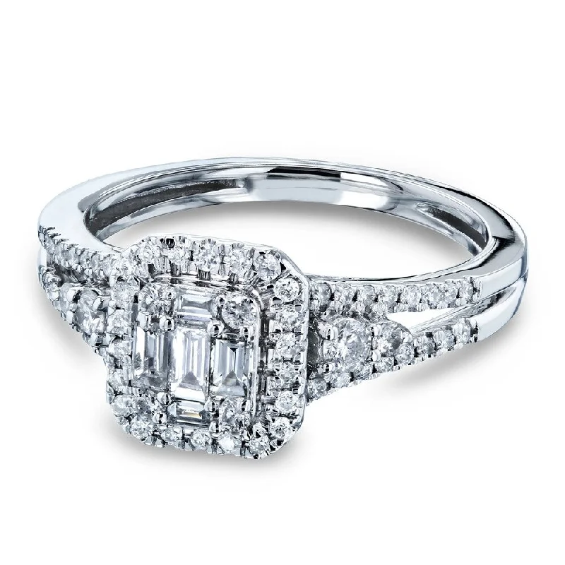 Men’s luxury rings with diamonds-Annello by Kobelli 14k White Gold 1/2 Carats TDW Baguette and Round Diamond Cluster Halo Split Shank Accented Engagement Ring