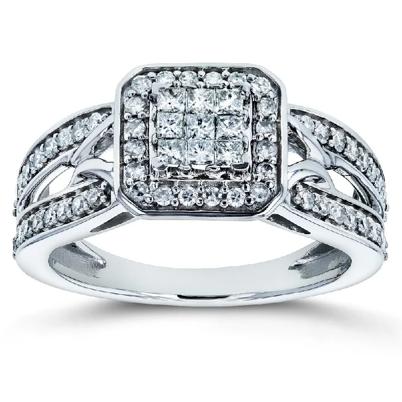 Men’s rings with diamonds for special occasions-Annello by Kobelli 14k White Gold 1/2ct TDW Diamond Square Halo Invisible-set Split Shank Engagement Ring