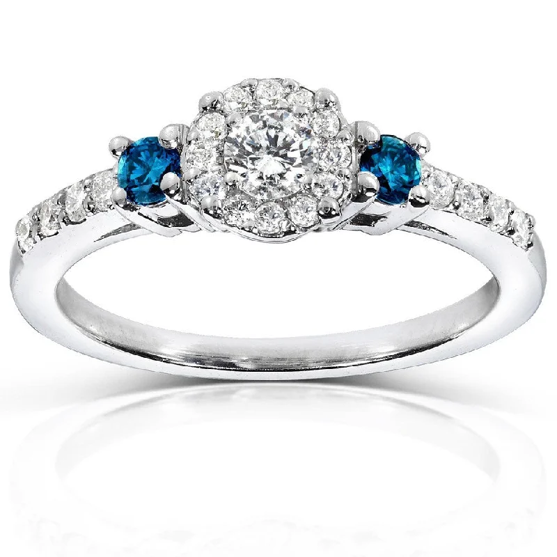 Wedding bands for brides with diamonds-Annello by Kobelli 14k White Gold 2/5ct Blue and White Diamond Three Stone Engagement Ring