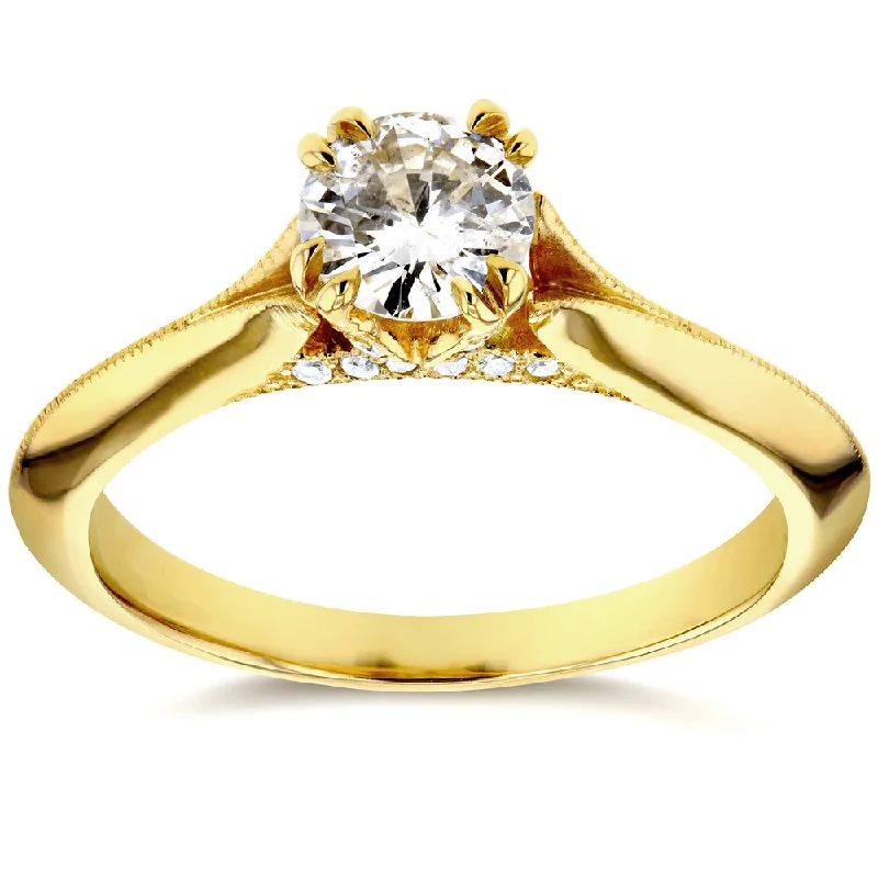 Custom diamond rings for women’s gifts-Annello by Kobelli 14k Yellow Gold 1/2ct TDW Diamond Antique Floral Soft Knife Edge Engagement Ring