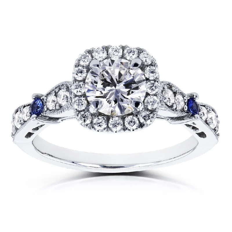 Custom silver engagement rings for her-Annello by Kobelli Certified Platinum 1 1/5ct TCW Diamond and Sapphire Vintage Style Halo Engagement Ring (F, SI1)