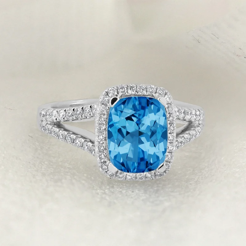 Vintage engagement rings with diamonds-Auriya 1 5/8ct Cushion-cut Swiss Blue Topaz and Halo Diamond Engagement Ring 3/8cttw 14K Gold