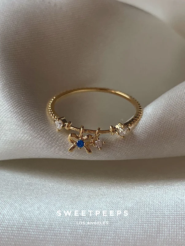 Birthstone rings for women-Bow Dangle Charm Ring