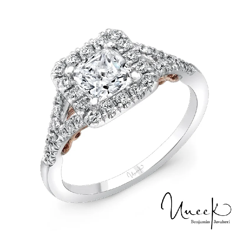 Men’s rings with engraving for gifts-Uneek 14k White/Rose Gold Halo Engagement Ring