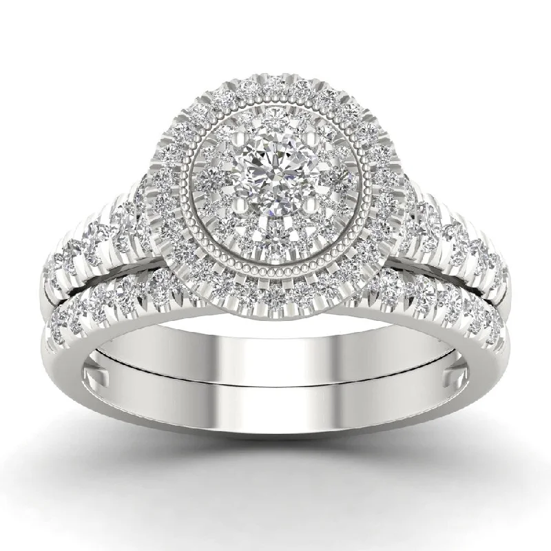 Designer rings with colored gemstones-De Couer 14k White Gold 1ct TDW Diamond Halo Bridal Set