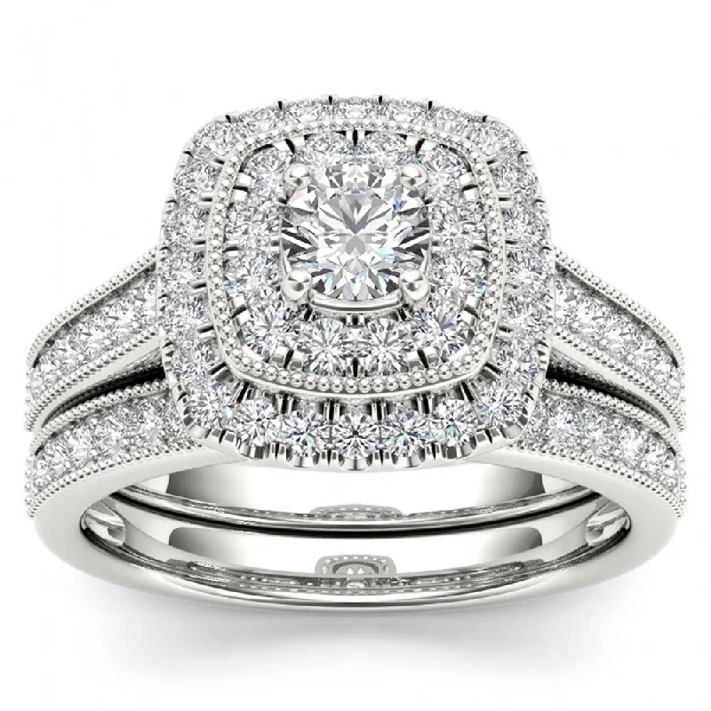 Women’s diamond rings for engagement-De Couer 14k White Gold 3/4ct TDW Diamond Double Halo Bridal Ring Set