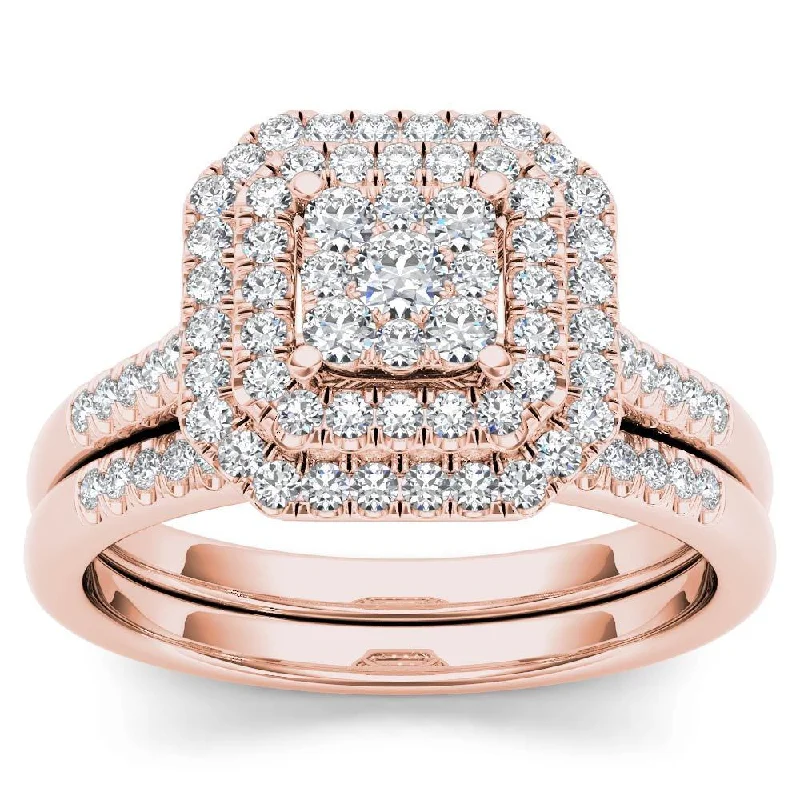 Custom gemstone rings for men-De Couer IGI Certified 14k Rose Gold 1/2ct TDW Diamond Cluster Halo Bridal Set - Pink