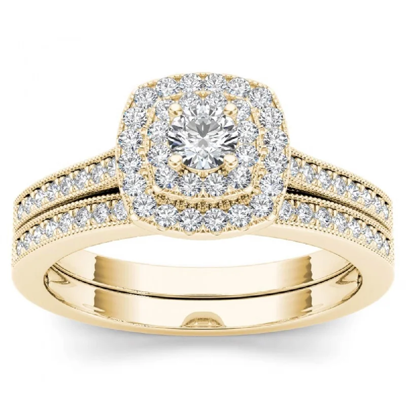 Women’s diamond rings for engagement-De Couer IGI Certified 14k Yellow Gold 1/2ct TDW Diamond Double Halo Bridal Ring Set