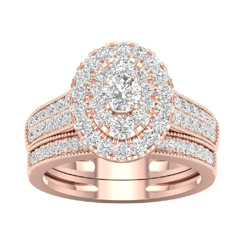 Custom gold engagement rings for women-De Couer IGI Certified 1ct TDW Diamond Oval Frame Bridal Set - Pink