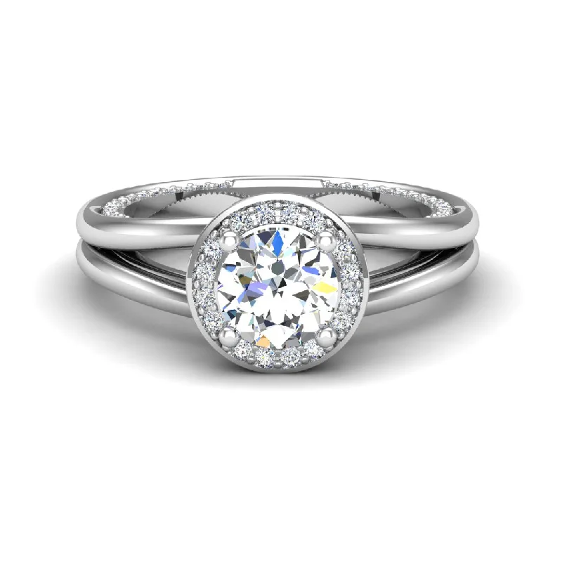 Classic silver engagement rings for women-Diamond Halo Engagement Ring with Split Shank