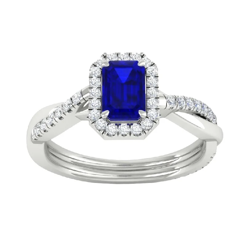 Sterling silver rings for men-Emerald Cut Sapphire Twisted Halo Ring