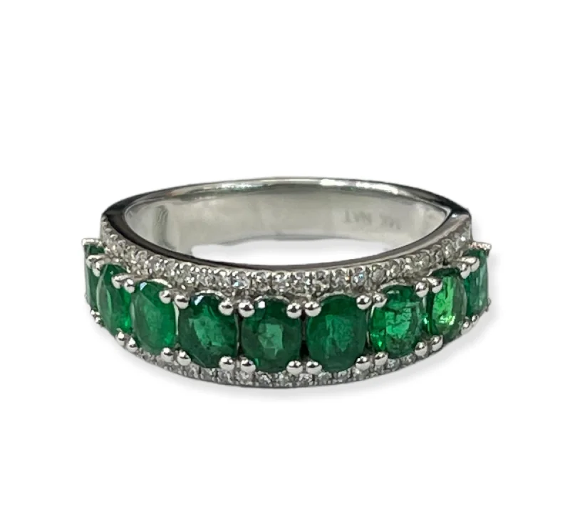 Custom name rings with gemstones-Emerald Oval Gem Single Row Diamond Ring White Gold 14kt