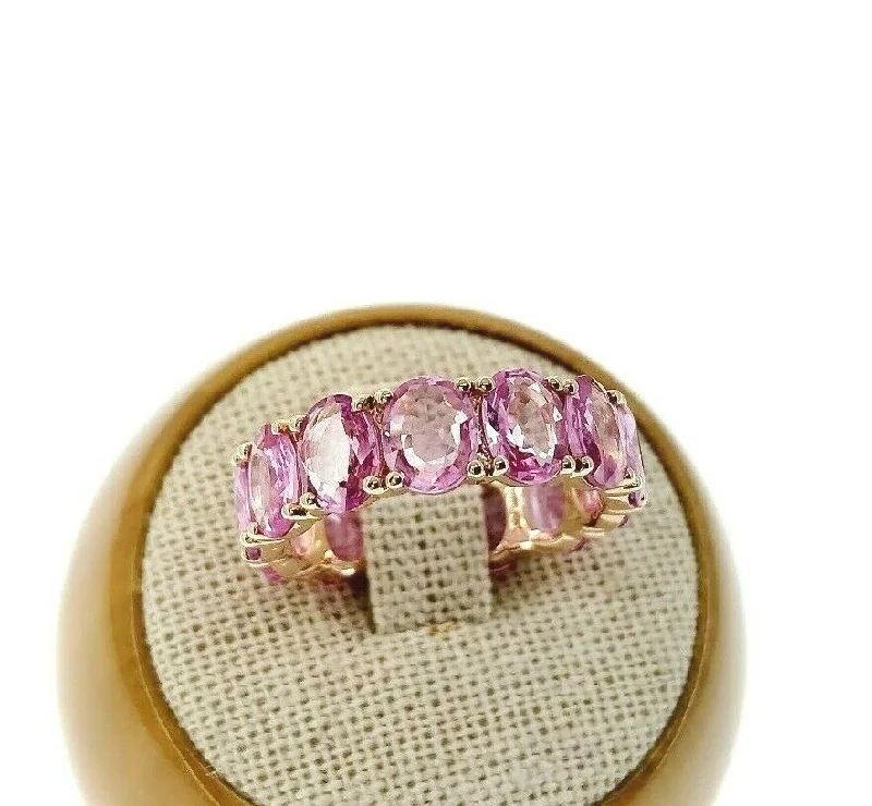 Designer rings with colored gemstones-Fine 7.00 Carats t.w. Pink Sapphire Custom Made Eternity Ring 14K Rose Gold