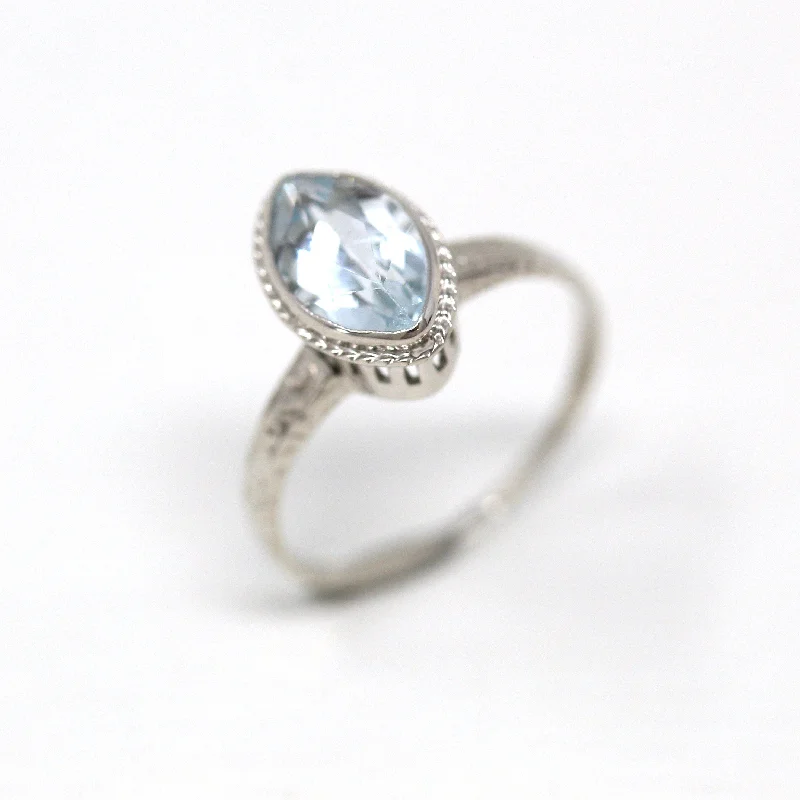 Stackable rings for women-Sale - Genuine Aquamarine Ring - Art Deco 14k White Gold Marquise Cut 1.00 CT Blue Gem - Vintage 1930s Era Size 5 March Birthstone Jewelry