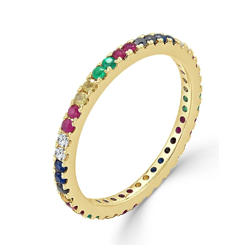 Fashion rings with diamonds for women-Joelle Rainbow Sapphire & Diamond Eternity Band Ring 14K Gold