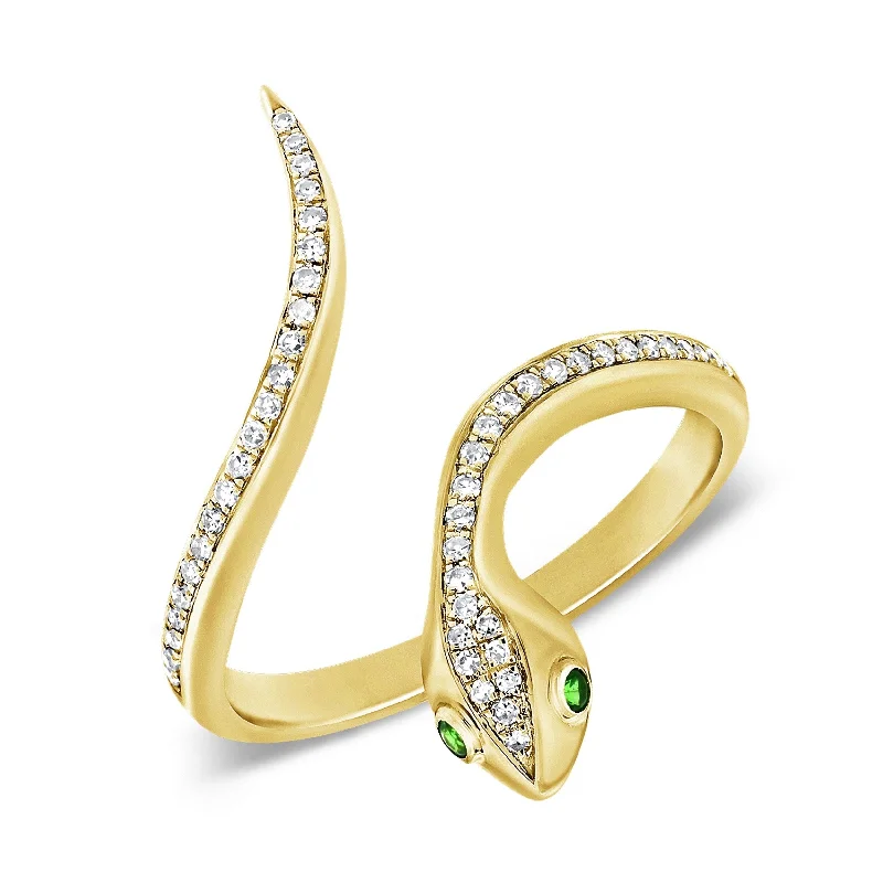 Simple silver wedding bands for women-Joelle Snake Ring Diamond & Tsavorite 14K Gold Ring