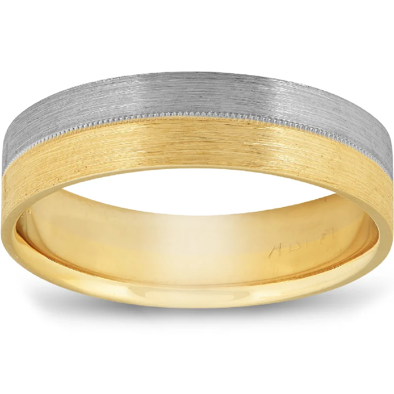 Elegant gold wedding rings for men-Matte Finish Two Tone Wedding Band 14K Gold