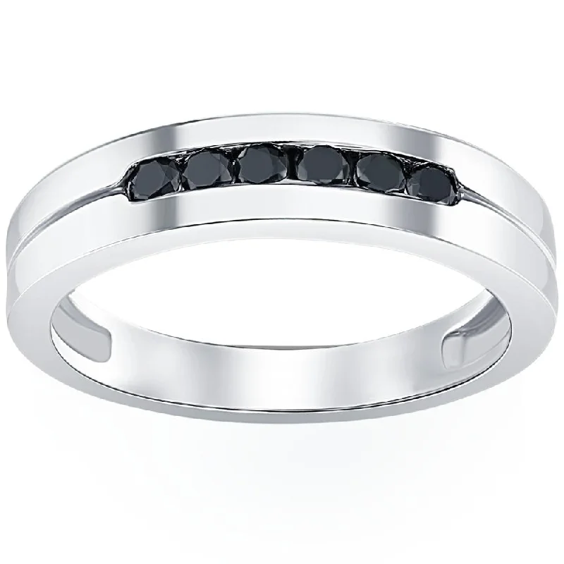 Personalized silver rings for men-Mens 14K White Gold Black 1/4ct Diamond Wedding Ring