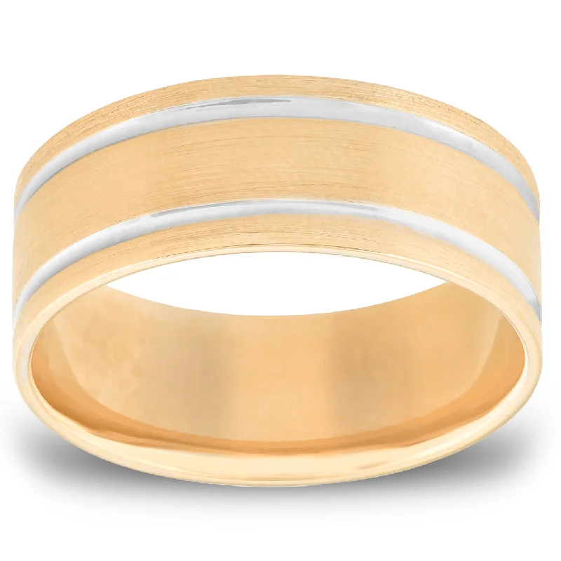 Gold wedding rings for men-Mens 8mm Two Tone Comfort Fit Wedding Band Ring