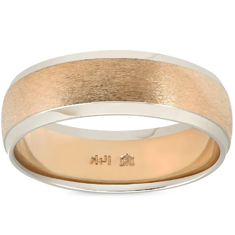 Luxury diamond rings for women-Mens Plain Wedding Band 14K Gold Two Tone Comfort Fit