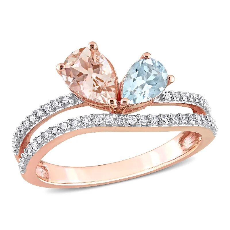 Simple silver wedding bands for women-Miadora 1 1/7ct TGW Pear Shape Morganite and Aquamarine and 1/4ct Diamond 2-Stone Open Ring in 10k Rose Gold